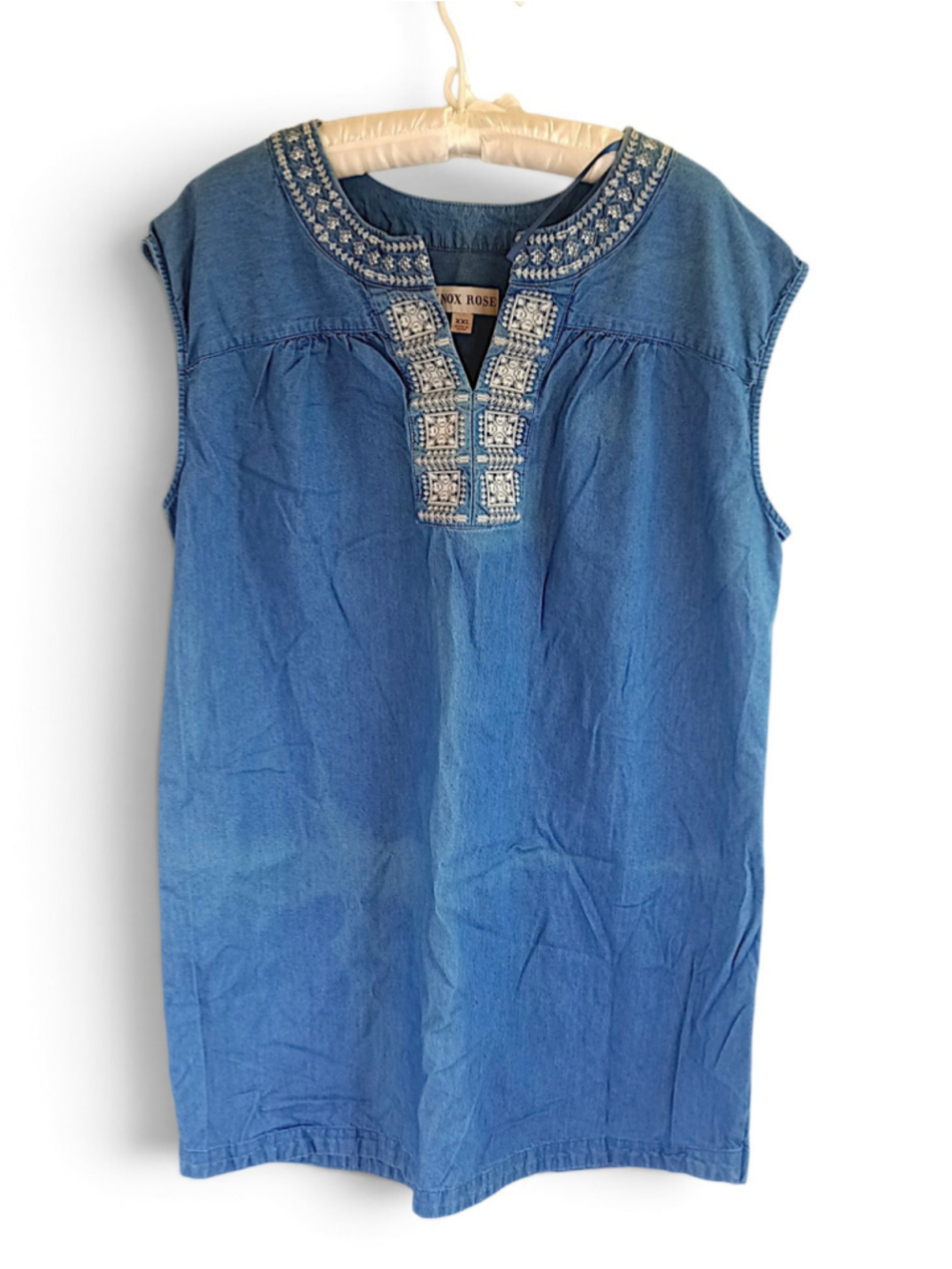 Knox Rose Blue denim Tunic mini dress embroidered boho western boxy vneck XXL